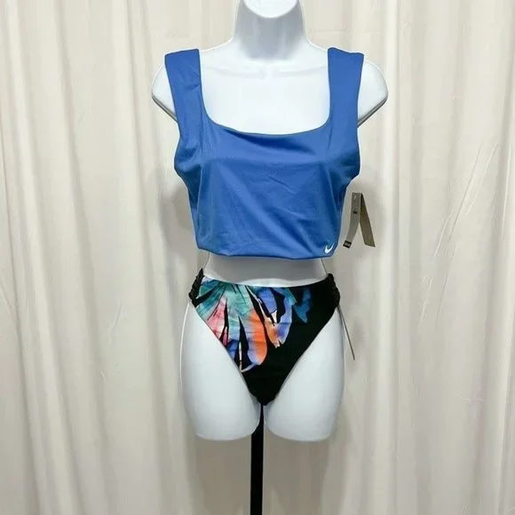 Nike Swim NWT Sz L Pacific Blue Fitted Crop Top & La Blanca Prism Palm Buttom - Picture 1 of 8